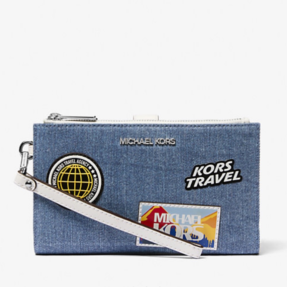 Michael Kors Jet Set Travel Lg Embellished Denim Wristlet Wallet Phone Patches